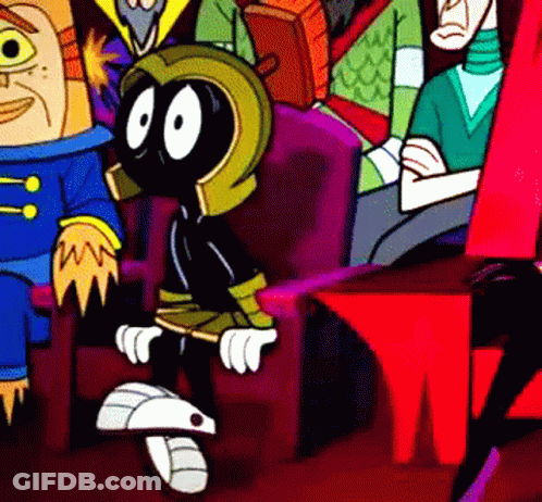 A Group Of Cartoon Characters Including Marvin The Martian Are Sitting In Chairs GIF