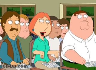 A Group Of Cartoon Characters Including Peter Griffin And Lois Griffin Sit In A Classroom GIF