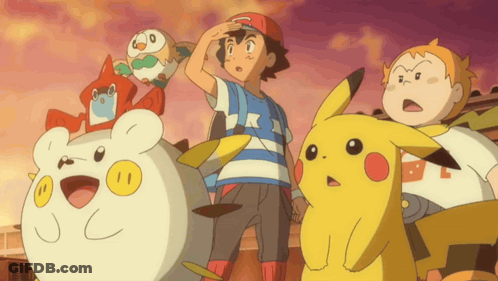 A Group Of Cartoon Characters Including Pikachu And Ash Are Standing Together GIF
