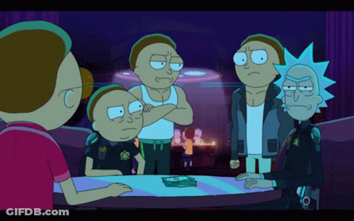 A Group Of Cartoon Characters Including Rick And Morty Are Gathered Around A Table GIF