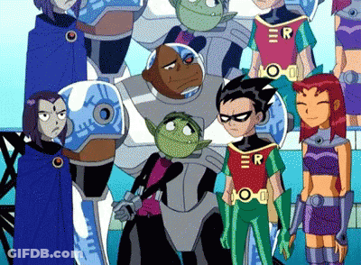 A Group Of Cartoon Characters Including Robin And Raven Are Standing Together GIF