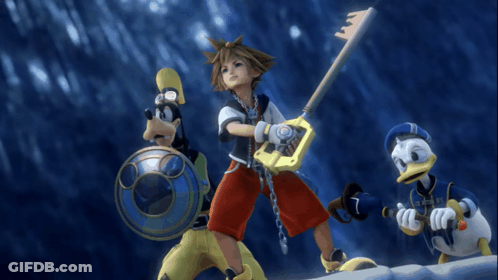 A Group Of Cartoon Characters Including Sora Goofy And Donald Duck Are Standing Next To Each Other GIF