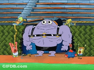A Group Of Cartoon Characters Including Spongebob And Patrick Are Standing Around A Purple Monster GIF
