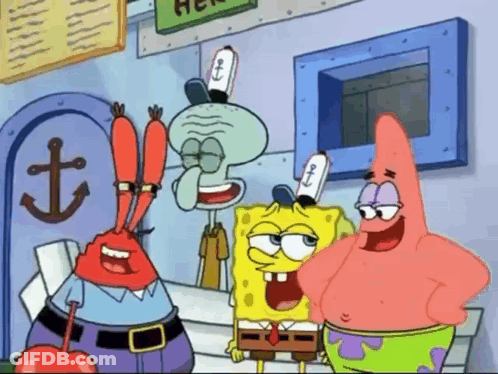 A Group Of Cartoon Characters Including Spongebob And Patrick Are Standing Next To Each Other . GIF
