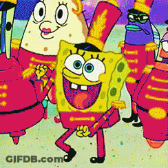 A Group Of Cartoon Characters Including Spongebob Are Dancing In A Parade GIF