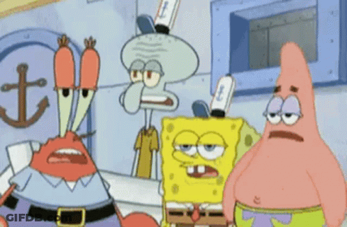 A Group Of Cartoon Characters Including Spongebob , Patrick Star And Squidward Are Standing Next To Each Other . GIF