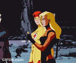 A Group Of Cartoon Characters Including The Flash And A Woman GIF