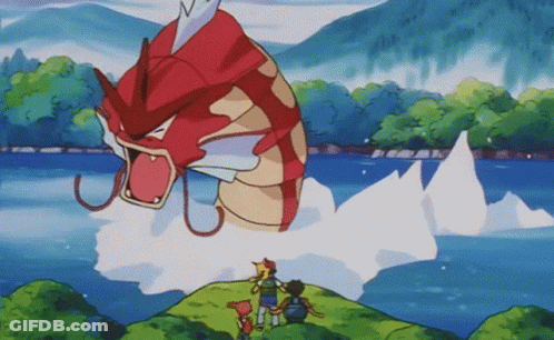 A Group Of Cartoon Characters Looking At A Giant Red Fish In The Water GIF