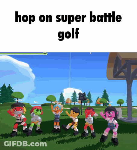 A Group Of Cartoon Characters On A Golf Course With The Words Hop On Super Battle Golf GIF