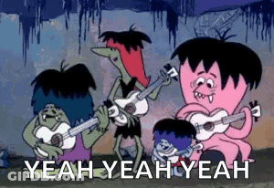 A Group Of Cartoon Characters Playing Guitars With The Words `` Yeah Yeah Yeah '' Written Below Them . GIF