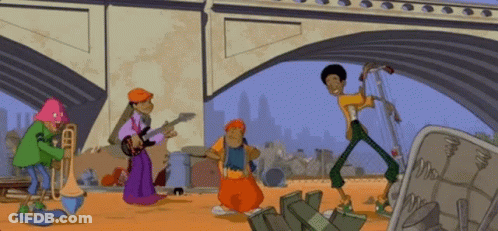 A Group Of Cartoon Characters Playing Instruments Under A Bridge GIF