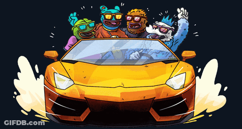 Cartoon Characters Riding Yellow Car GIF