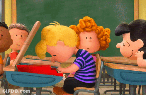 A Group Of Cartoon Characters Sit At Desks In A Classroom GIF