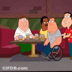 A Group Of Cartoon Characters Sitting Around A Table With Beer Mugs GIF