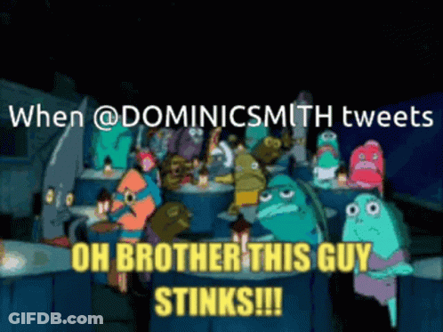 A Group Of Cartoon Characters Sitting Around A Table With The Caption " Oh Brother This Guy Stinks !!! " GIF