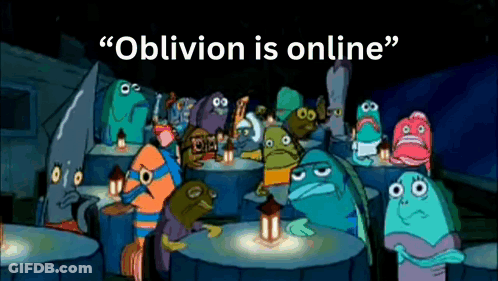 A Group Of Cartoon Characters Sitting Around A Table With The Words " Oblivion Is Online " On The Bottom GIF
