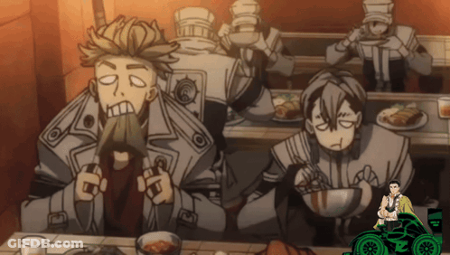 A Group Of Cartoon Characters Sitting At A Table Eating GIF