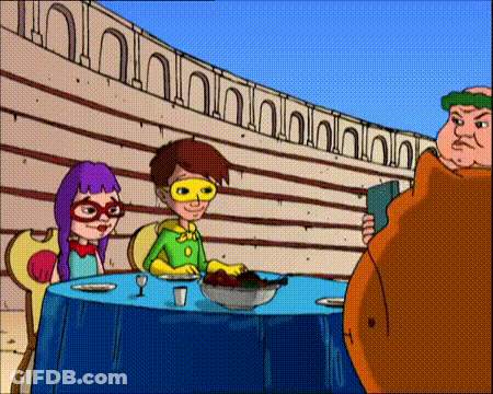 A Group Of Cartoon Characters Sitting At A Table With A Bowl Of Food GIF