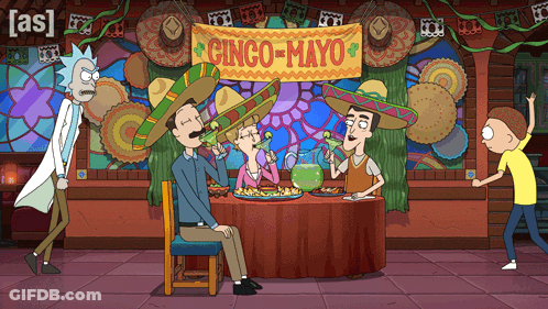 A Group Of Cartoon Characters Sitting At A Table With A Sign That Says Cinco-Mayo On It GIF