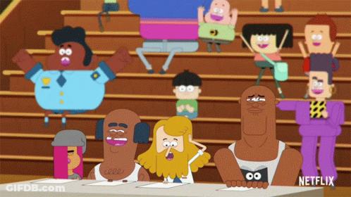 A Group Of Cartoon Characters Sitting At A Table With Netflix Written On The Bottom Right GIF