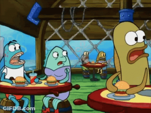 A Group Of Cartoon Characters Sitting At Tables With Hamburgers GIF