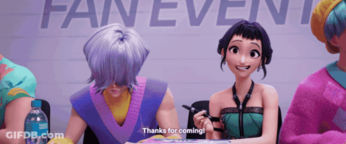 A Group Of Cartoon Characters Sitting In Front Of A Fan Event Sign GIF