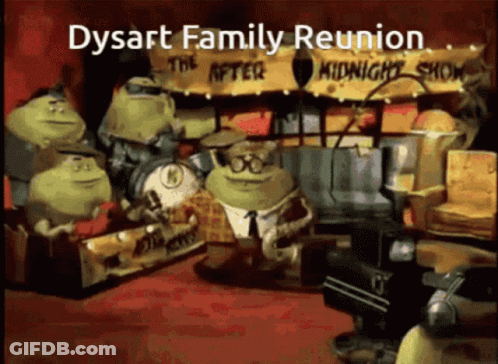 A Group Of Cartoon Characters Sitting In Front Of A Sign That Says " Dysart Family Reunion " GIF