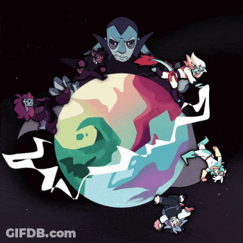 A Group Of Cartoon Characters Standing Around A Colorful Globe GIF