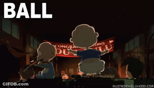 A Group Of Cartoon Characters Standing In Front Of A Banner That Says Congratulations GIF