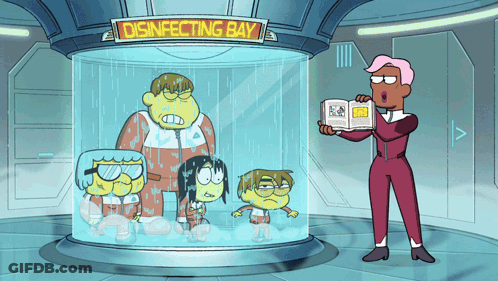 Cartoon Characters In Front Of Disinfecting Bay GIF