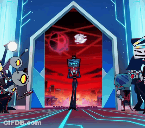 A Group Of Cartoon Characters Standing In Front Of A Door With A Sign That Says ' I 'M Sorry ' GIF