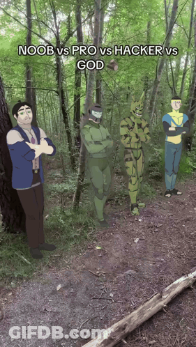 A Group Of Cartoon Characters Standing In The Woods With The Words Noob Vs Pro Vs Hacker Vs God Below Them GIF