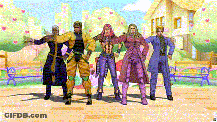 A Group Of Cartoon Characters Standing Next To Each Other In Front Of A House GIF