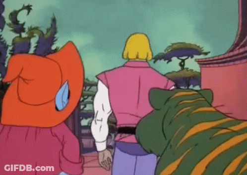 A Group Of Cartoon Characters Standing Next To Each Other Including One Wearing A Red Hat GIF
