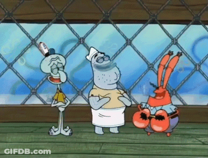 A Group Of Cartoon Characters Standing Next To Each Other Including Squidward And Mr Krabs GIF