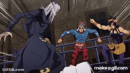 A Group Of Cartoon Characters Standing Next To Each Other On A Fence . GIF