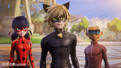 A Group Of Cartoon Characters Standing Next To Each Other On A Sidewalk . GIF