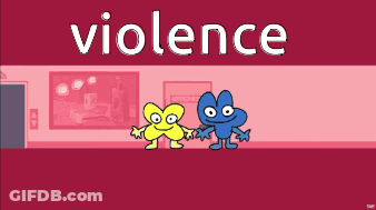 A Group Of Cartoon Characters Standing Next To Each Other Under The Word Violence GIF
