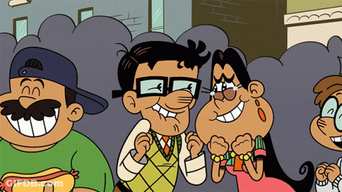 A Group Of Cartoon Characters Standing Next To Each Other With One Holding A Hot Dog GIF