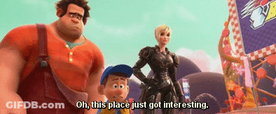 A Group Of Cartoon Characters Standing Next To Each Other With One Saying Oh , This Place Just Got Interesting GIF