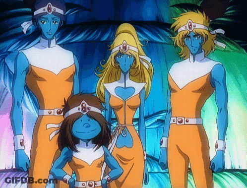 A Group Of Cartoon Characters Standing Next To Each Other With One Wearing A Heart Shaped Headband GIF