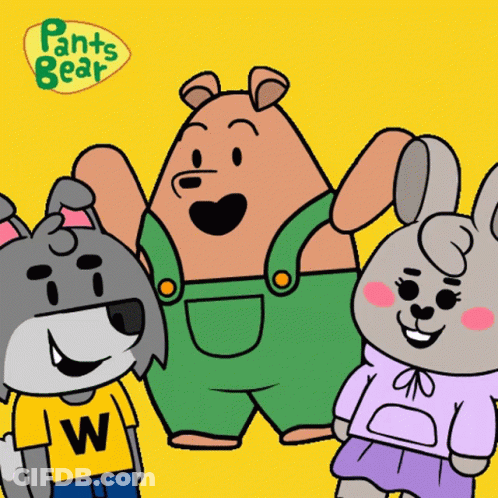A Group Of Cartoon Characters Standing Next To Each Other With Pants Bear Written On The Bottom GIF