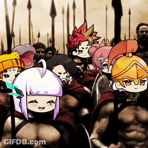 A Group Of Cartoon Characters Standing Next To Each Other With Spears In The Background GIF