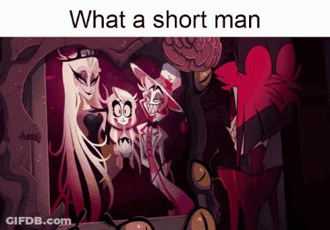 A Group Of Cartoon Characters Standing Next To Each Other With The Caption " What A Short Man " GIF