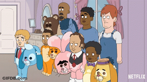 A Group Of Cartoon Characters Standing Next To Each Other With The Word Netflix On The Bottom GIF