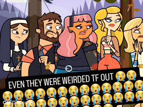 A Group Of Cartoon Characters Standing Next To Each Other With The Words Even They Were Weirded Tf Out GIF