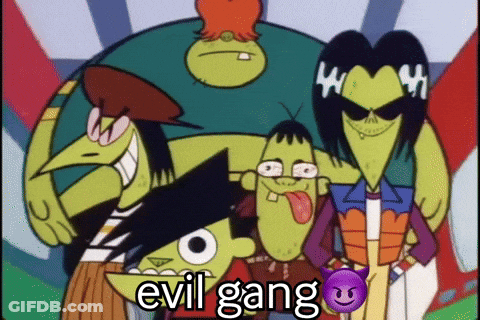 A Group Of Cartoon Characters Standing Next To Each Other With The Words Evil Gang On The Bottom Right GIF