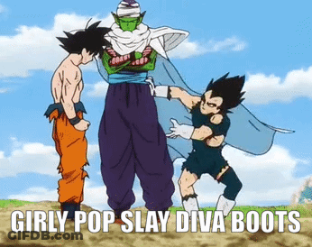 A Group Of Cartoon Characters Standing Next To Each Other With The Words `` Girly Pop Slay Diva Boots '' On The Bottom . GIF