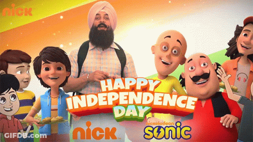 A Group Of Cartoon Characters Standing Next To Each Other With The Words Happy Independence Day GIF