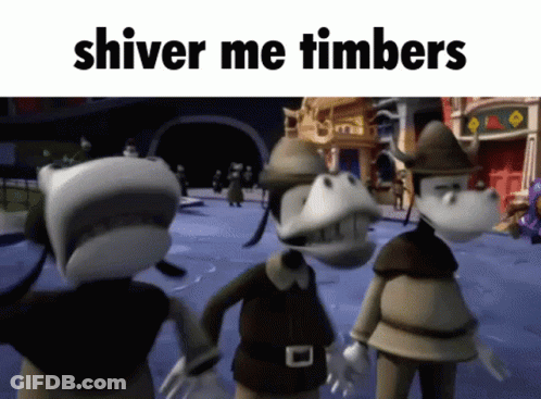 A Group Of Cartoon Characters Standing Next To Each Other With The Words Shiver Me Timbers Written Above Them . GIF